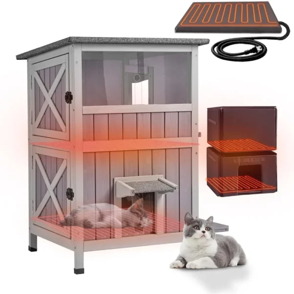 Large Heated, Insulated Outdoor Cat Shelter, Weatherproof, Two Stories